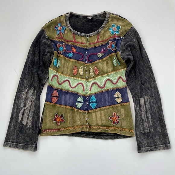 KPC Tops - KPC Women's Moss Green Gray Artsy Boho Patchwork Long sleeve Top Size Medium